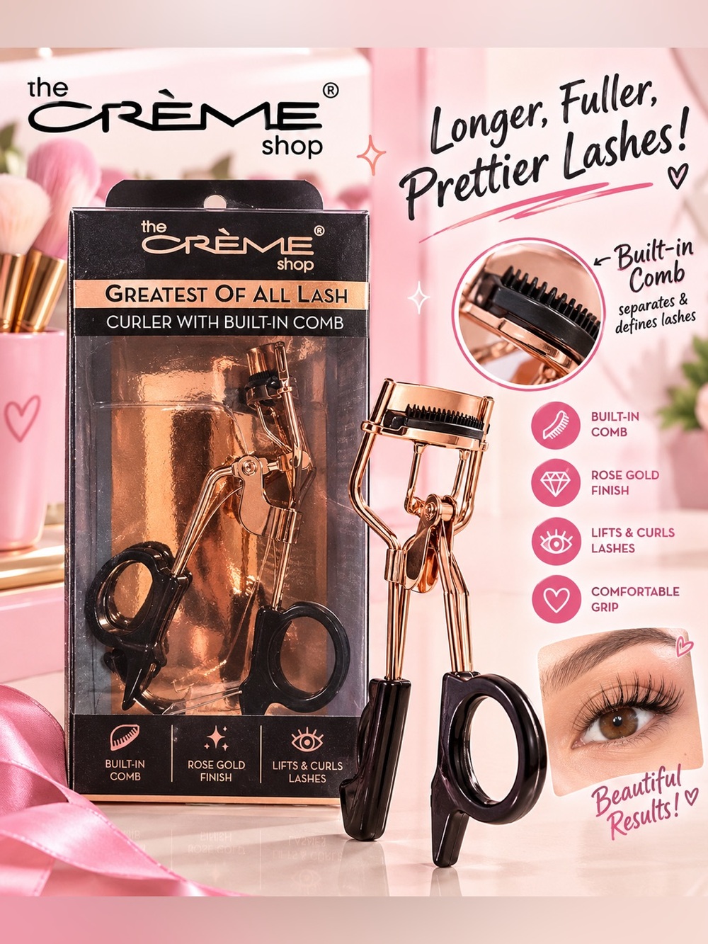 The Crème Shop Rose Gold Eyelash Curler with Built-In Comb - Black Grip